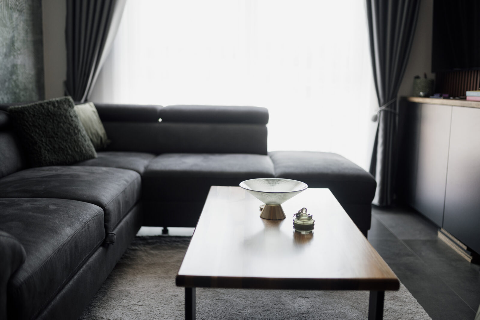Bright modern living room with a clean grey fabric sofa and rug
