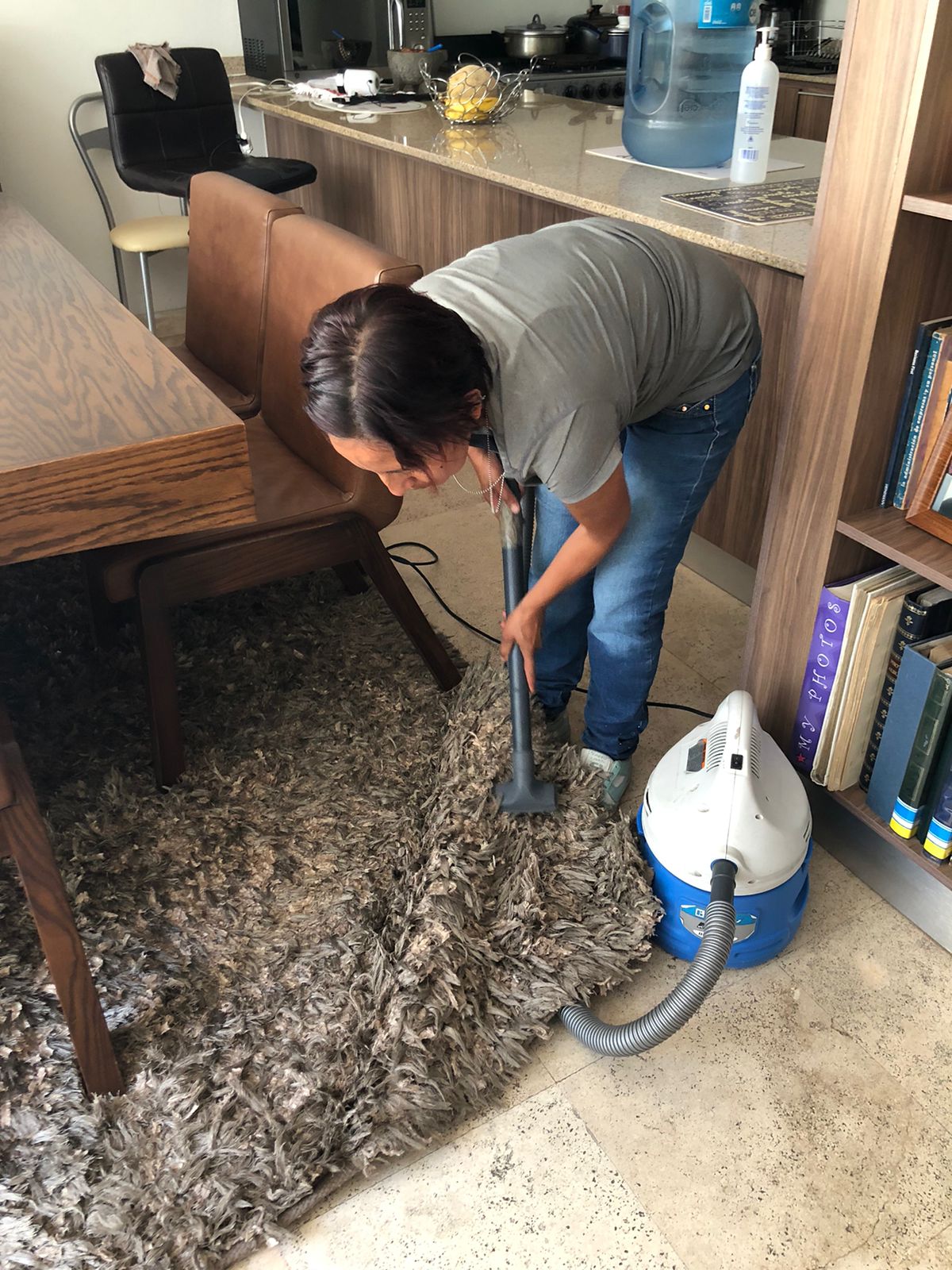 Woman vacuuming a shaggy area rug in a home living space